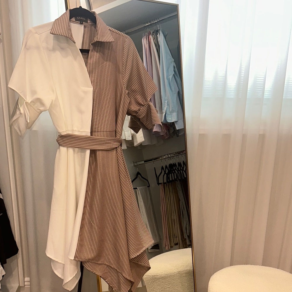 Gracia Two-Tone Asymmetrical Dress in Brown and White